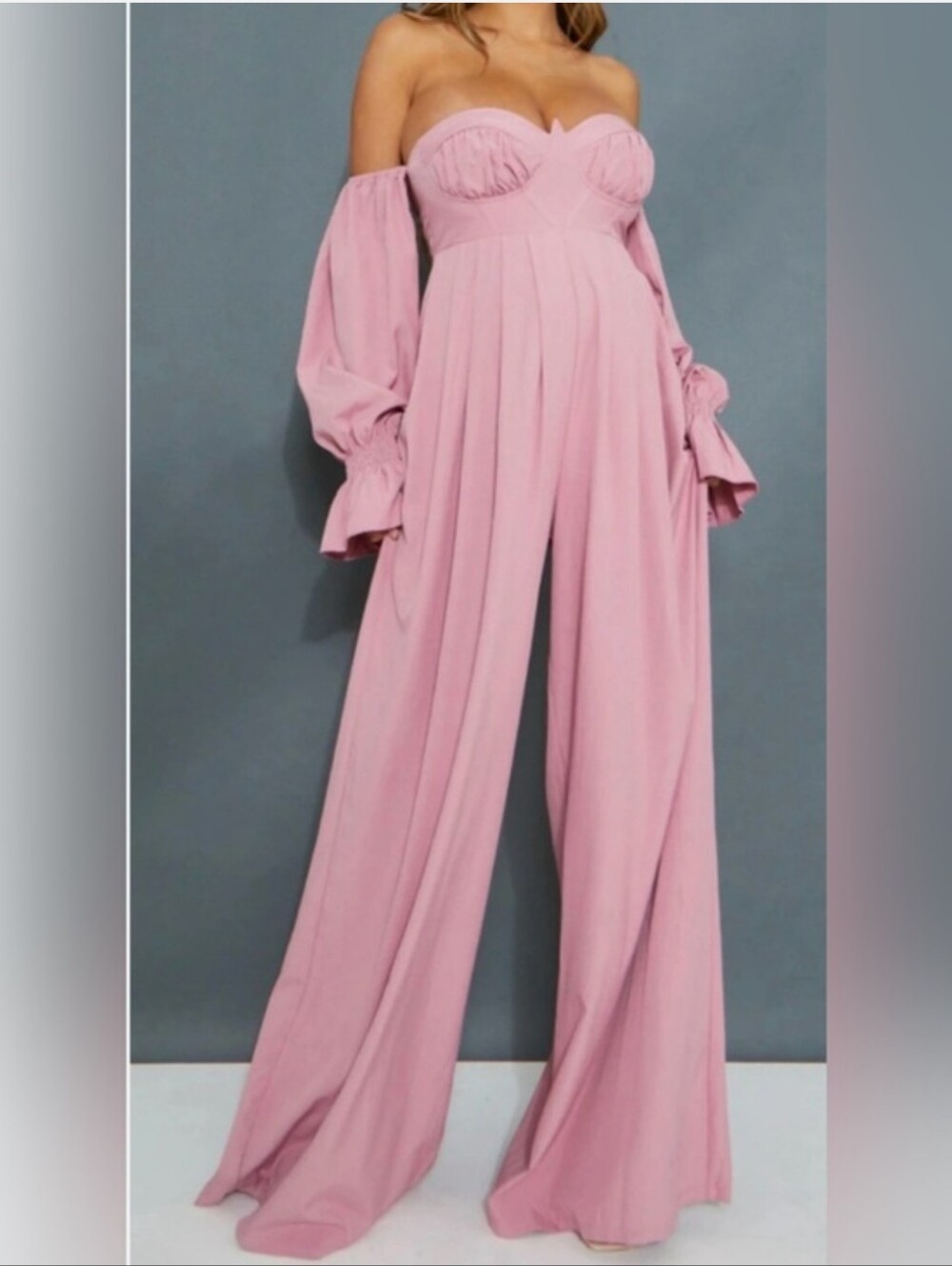 PrettyLittle Thing Maternity Pink Corset Detail Bardot Wide Leg Jumpsuit Size 6 - Picture 1 of 5